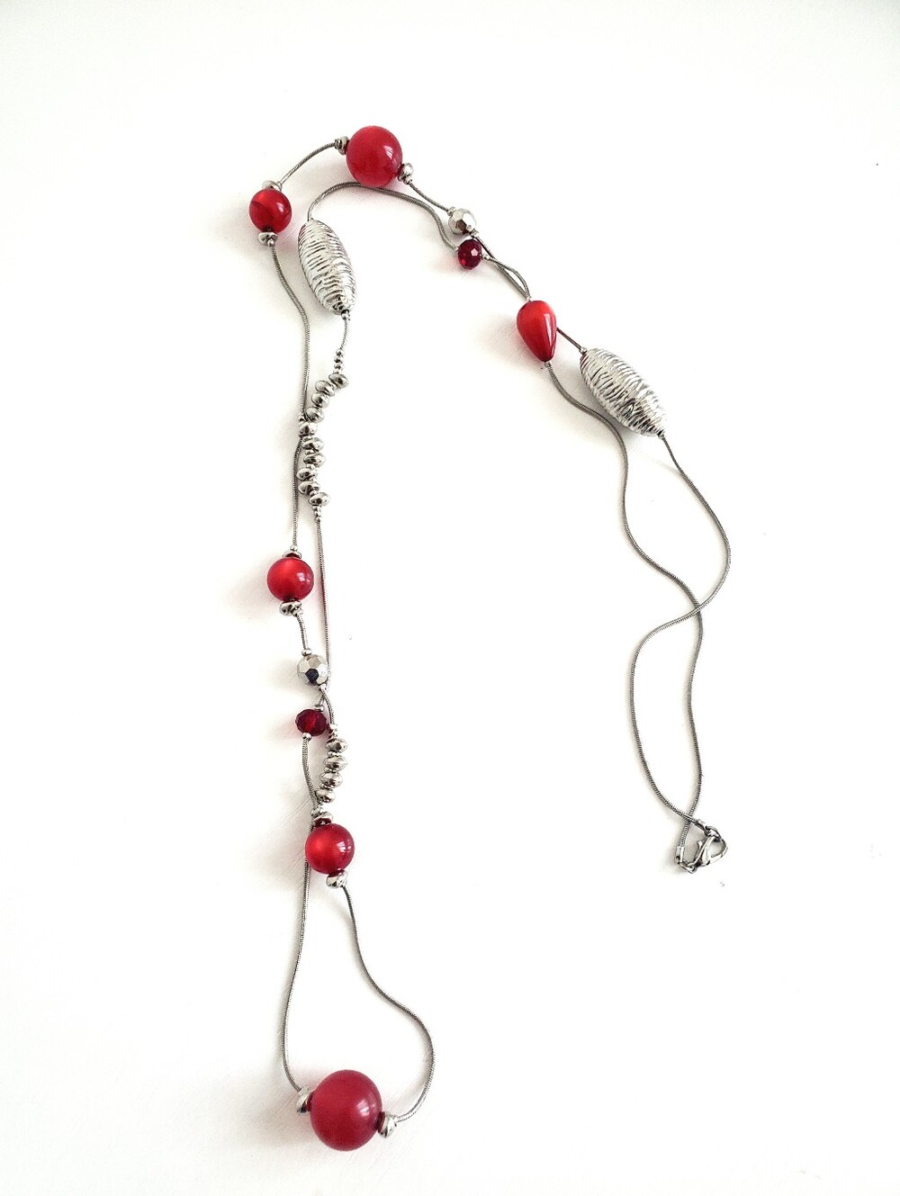 Red Bead Silver-Tone Pendant Necklace - Unbranded